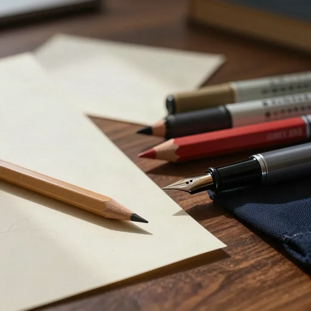 Macro still life of editing tools on walnut with proof sheets and a navy accent.