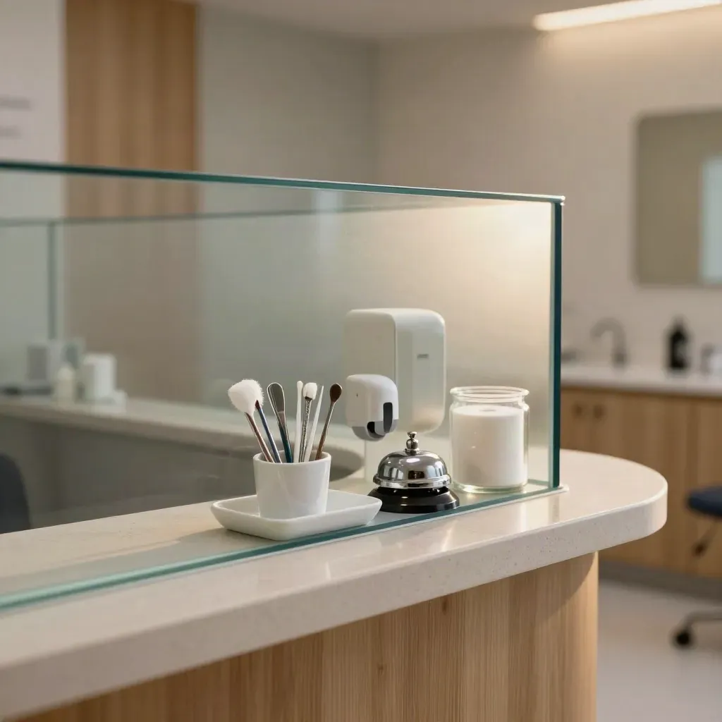 Dental clinic reception counter with frosted glass, ceramic tray, bell, and tidy hygiene tools.