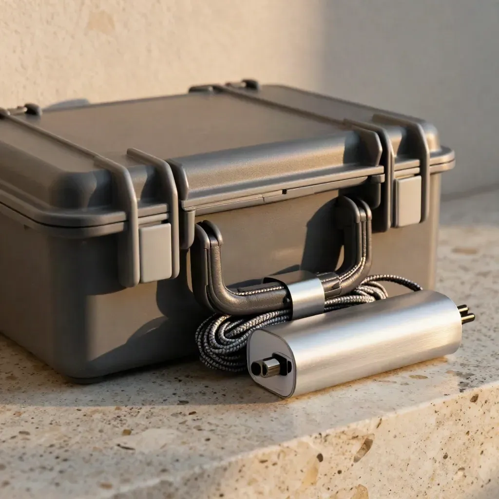 Graphite hard case, cable coil, sealed drive and battery on travertine in warm light.