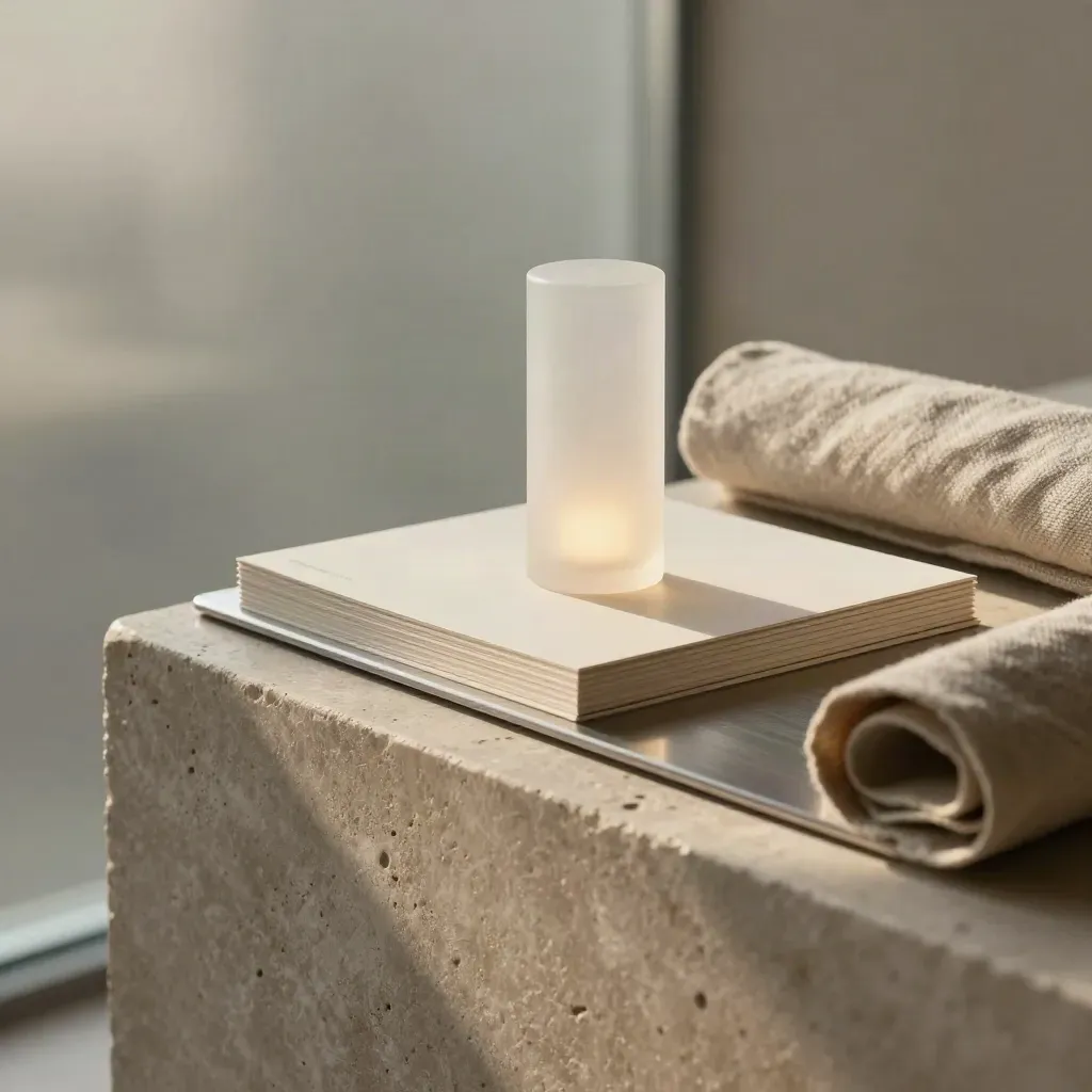 Macro of a glowing startup demo pedestal with launch materials in a moody plaster nook