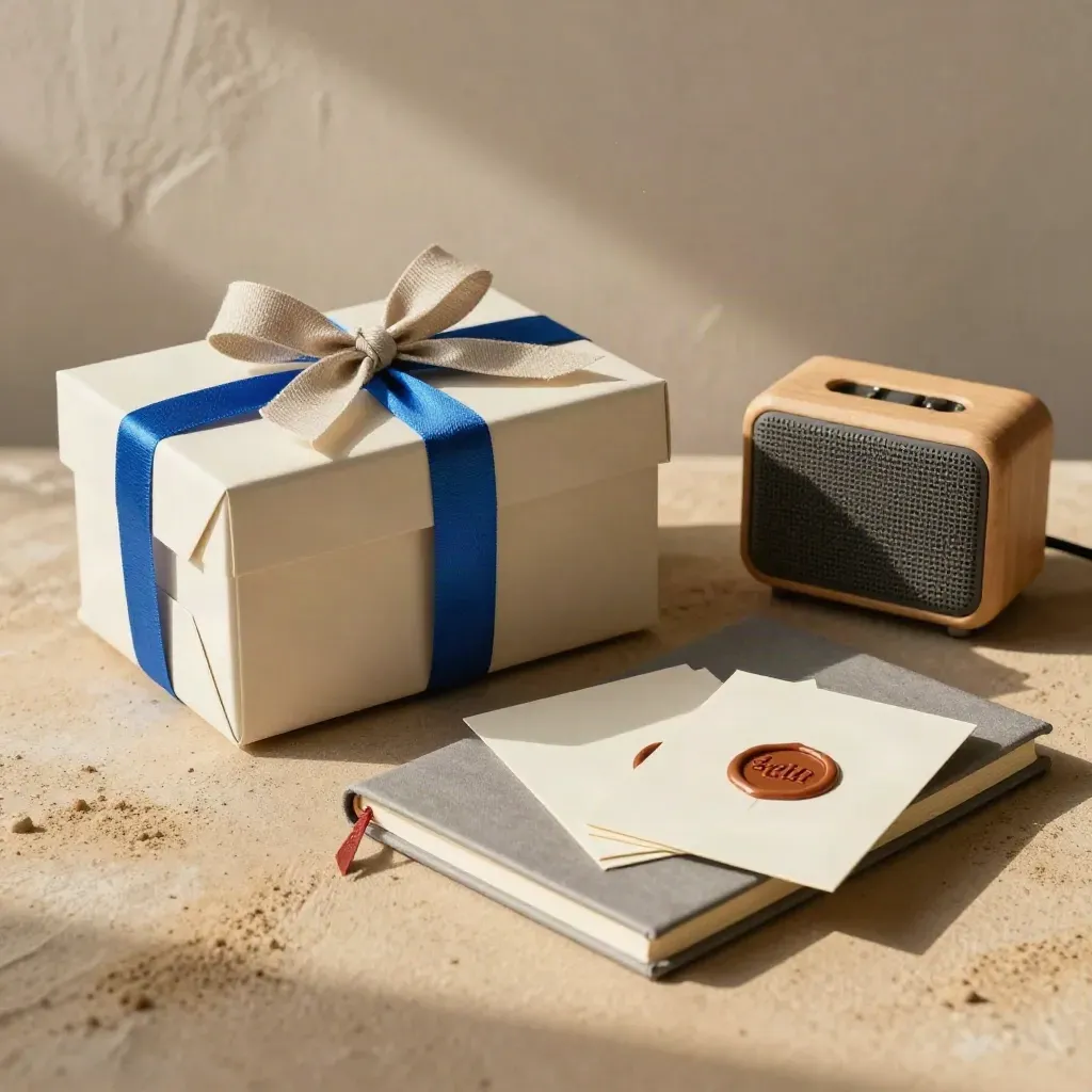 Launch bundle with ribbon-tied box, notebook, sealed cards and speaker on pale wood in warm light.