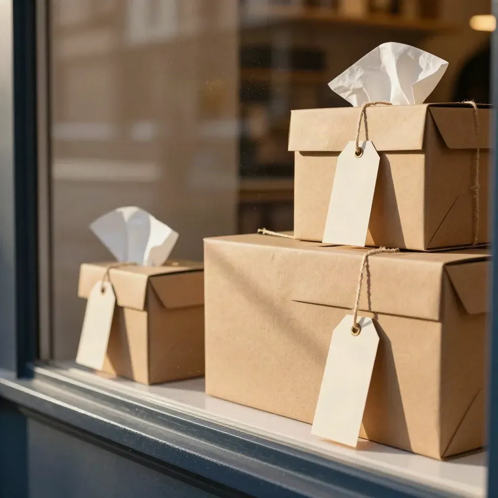 Sunlit spring-sale retail display with stacked boxes, tissue paper, blank tags, and a navy-trimmed plinth.