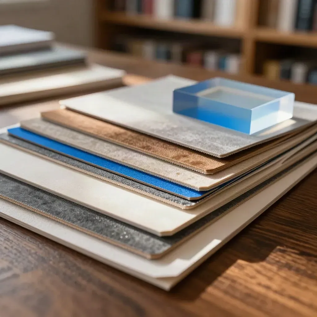 Macro still life of premium swatches, edge-painted samples, and a frosted acrylic block on dark oak.