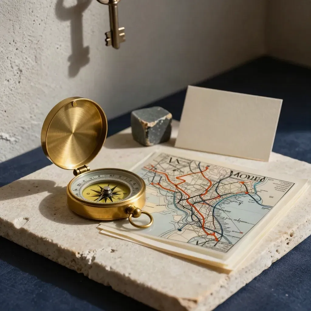 Brass compass, stone weights, and layered map tokens aligned on pale stone in dramatic light.