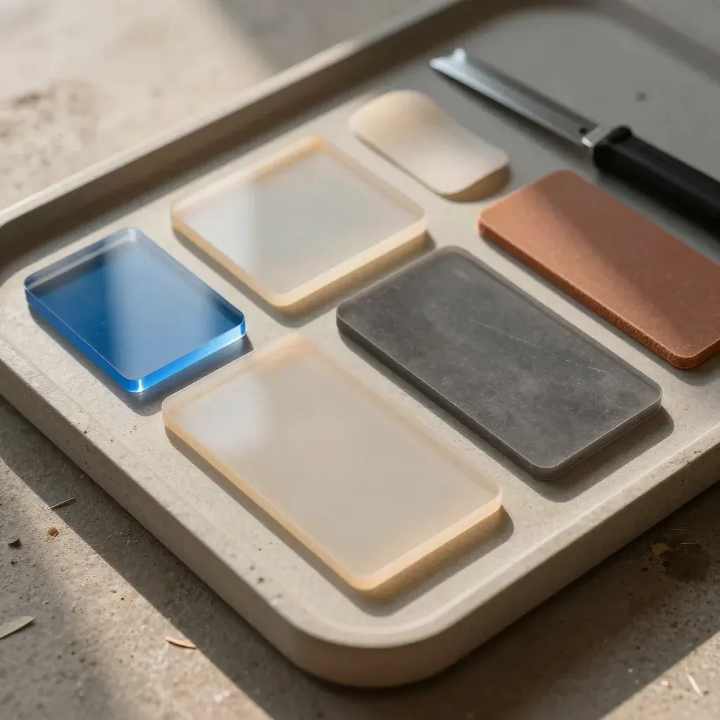 Top-down still life of acrylic samples, foam-board offcuts, adhesive tabs, and a precision blade on stone.