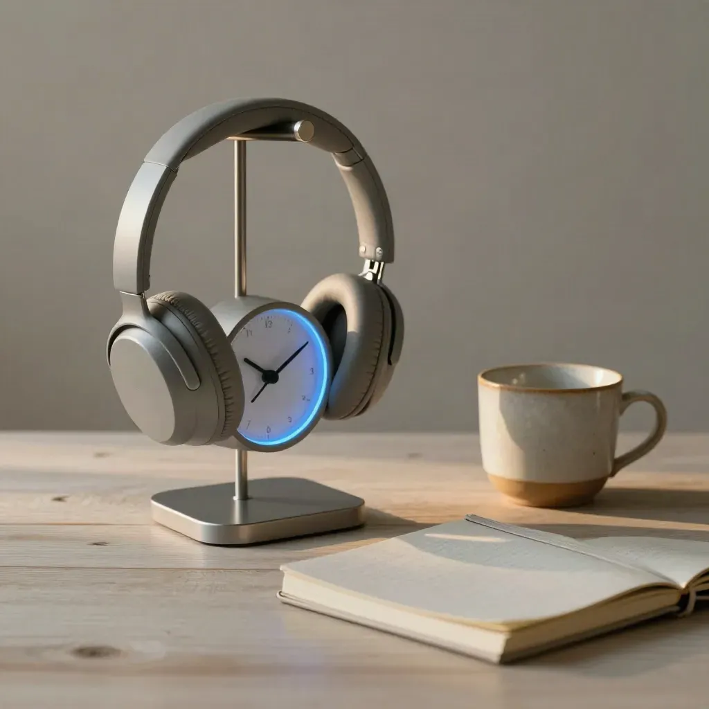 Headphones, desk clock, cup and notebook on pale wood with a blue call glow.