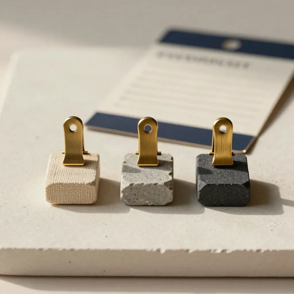 Project tokens, brass clip and sample strip arranged on plaster with a navy accent.