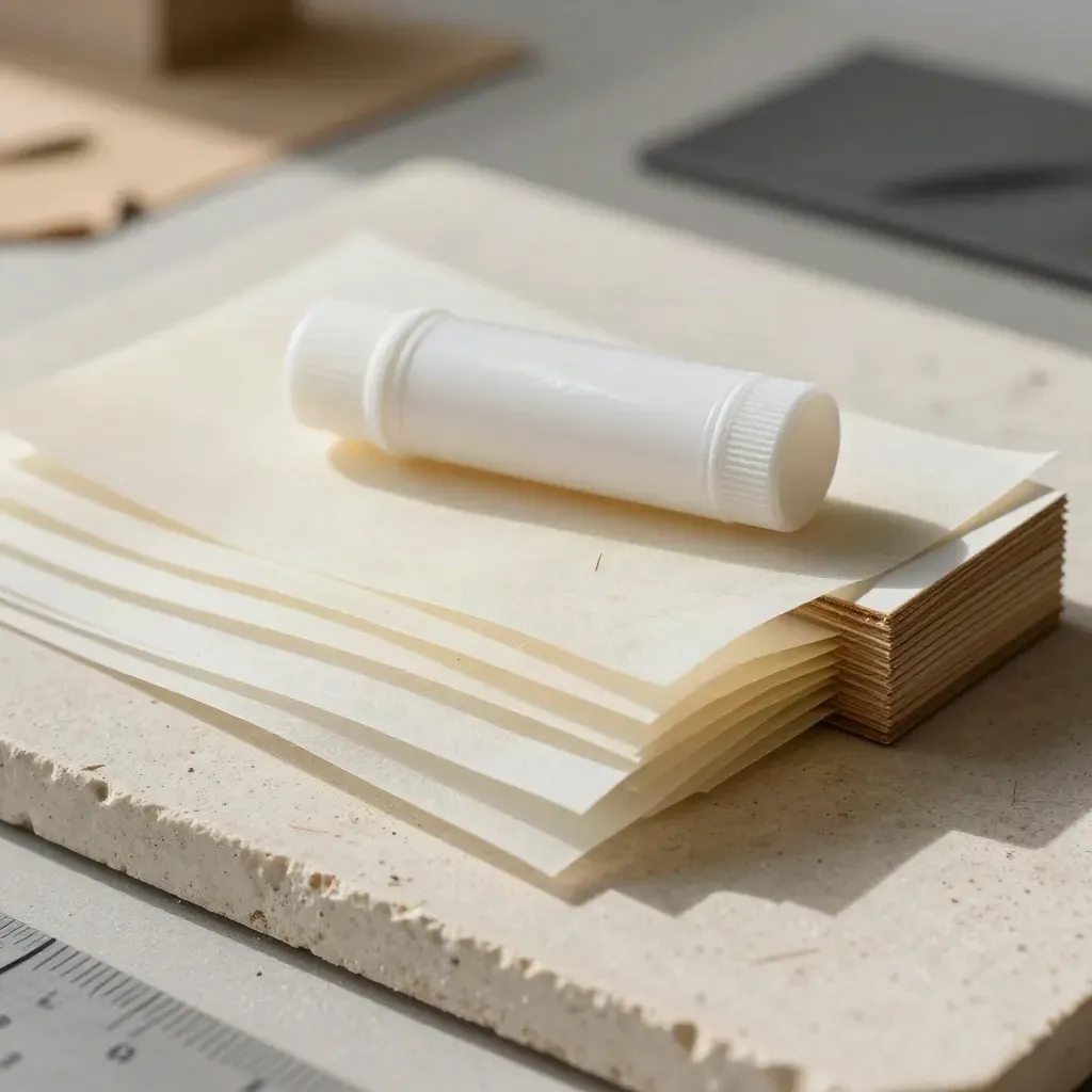 Vellum draft layers, a glue stick, and matte board on stone, lit softly from one side.