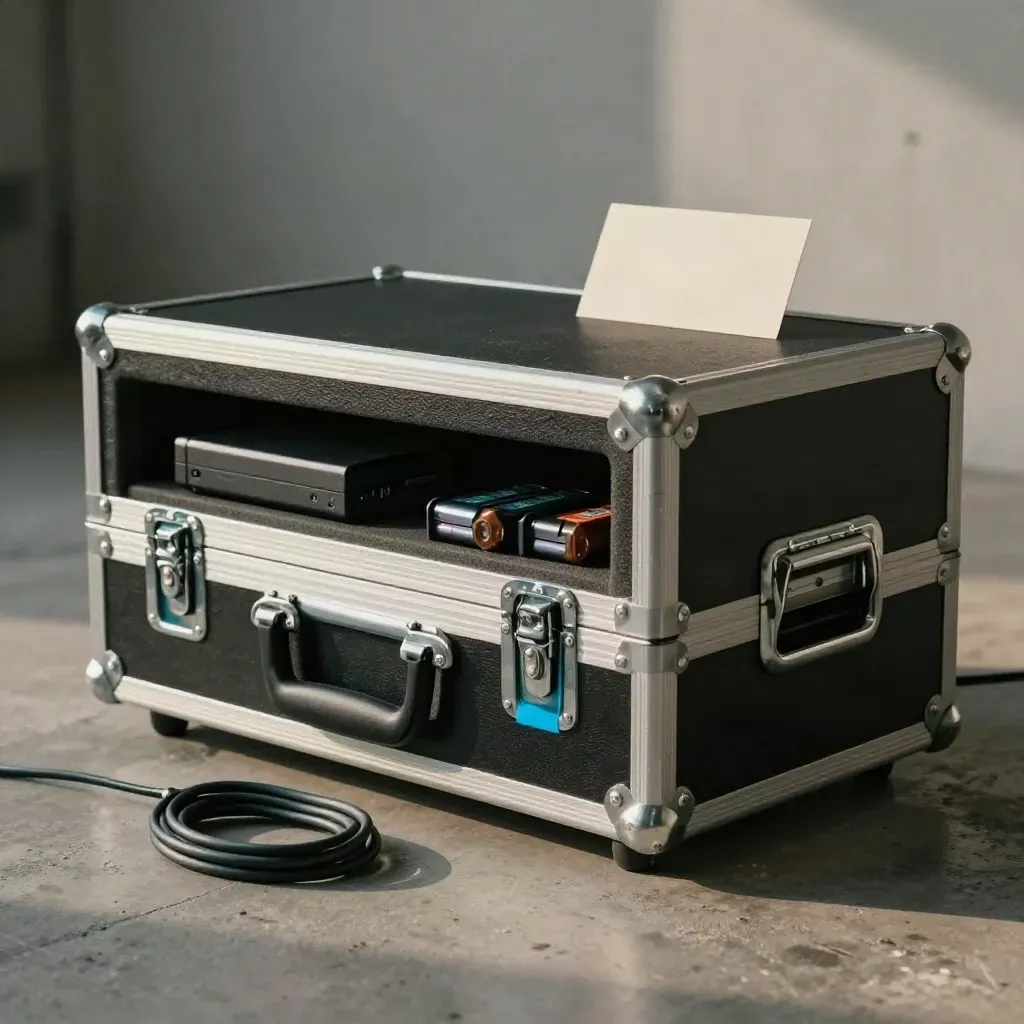 Packed flight case with backup drive, batteries and cable loop on concrete, lit from one side.