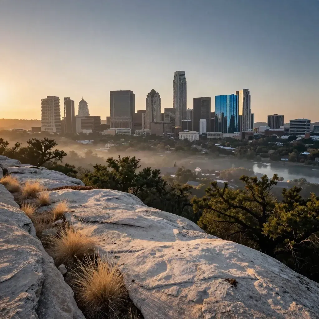 Austin skyline from a hazy limestone overlook at sunset