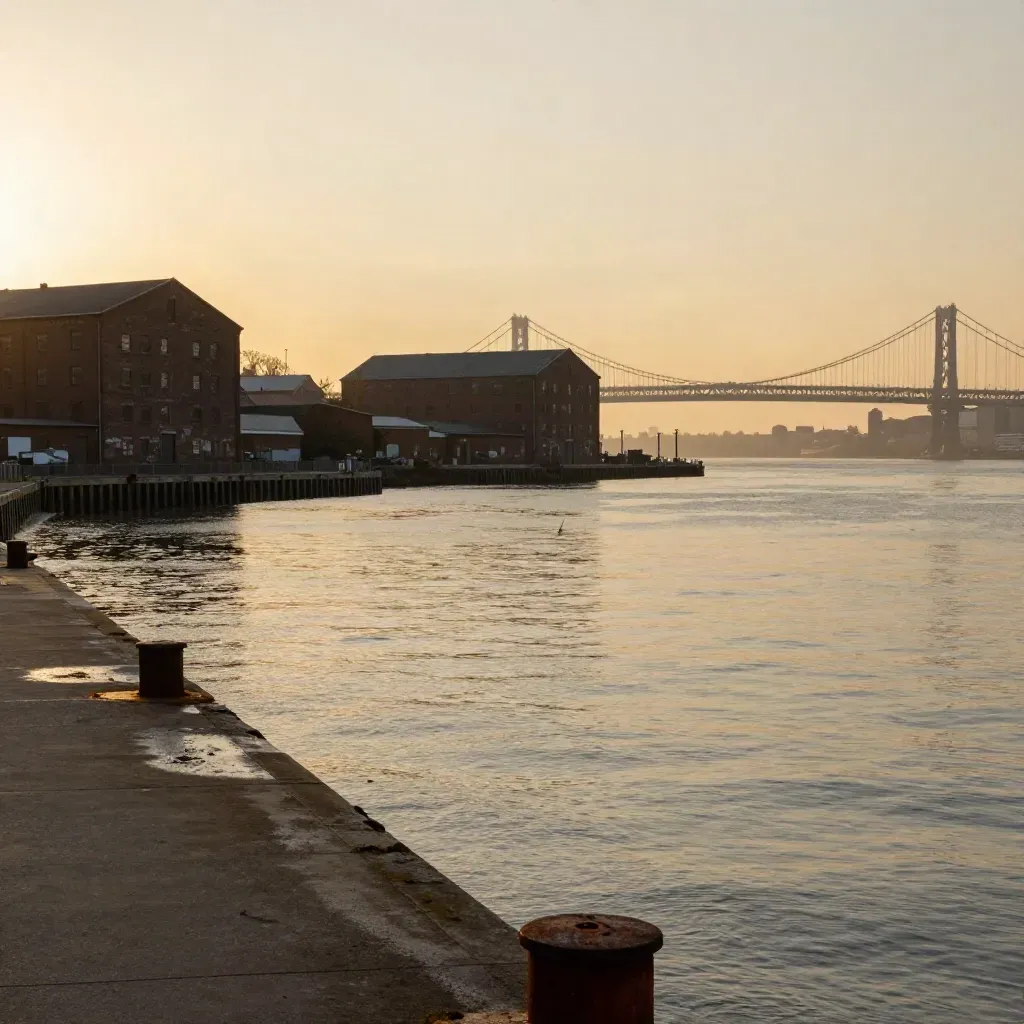 Hazy golden waterfront skyline with warehouses, bridge steel, and calm tidal water