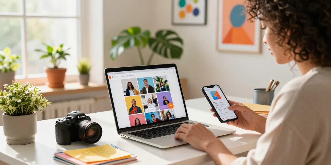 Engaging scene of a creative influencer getting comments on Instagram, showcasing a stylish home office, laptop with colorful posts.