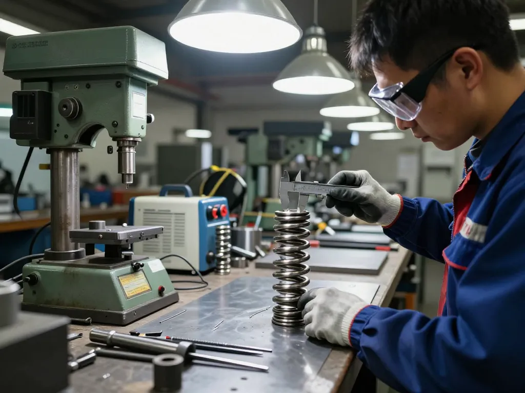 Tehnician inspectând arcuri conice fabricate din oțel inoxidabil într-un atelier.