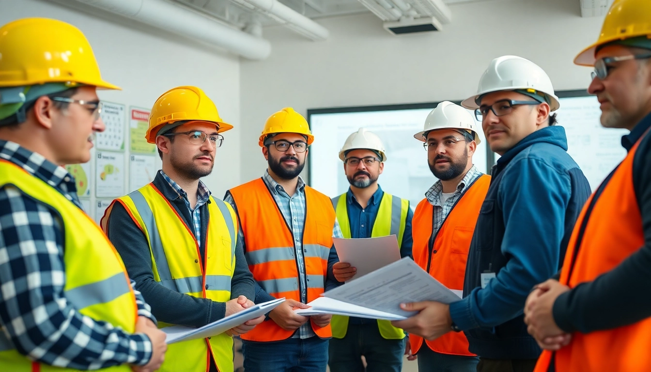 Engaged construction workers focused on construction safety training, promoting essential safety practices.