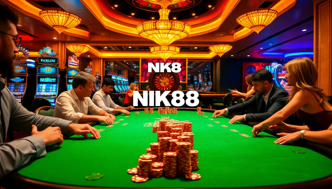 Players engaging in high-stakes poker with NK88 theme in a luxurious casino setting.