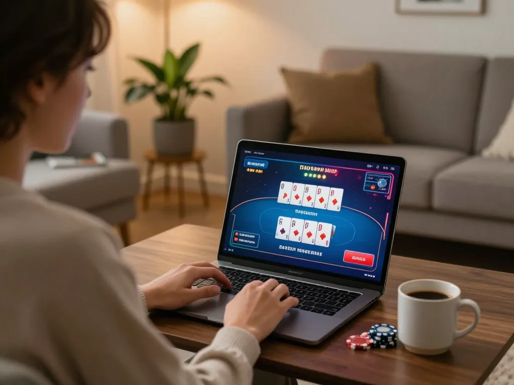 Luck8 user enjoying an engaging online poker game experience from home with a cozy atmosphere.