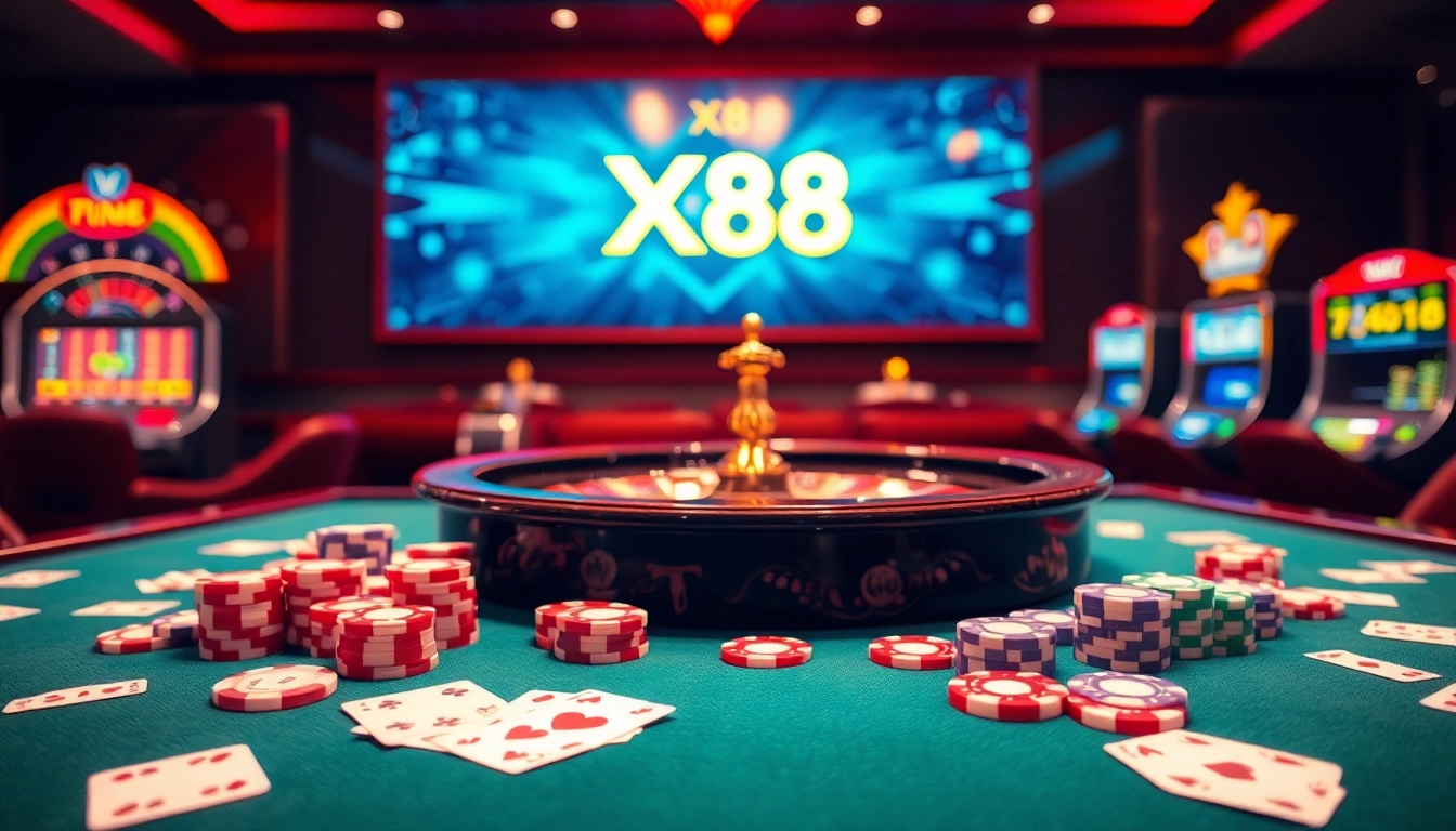 Experience the allure of casino action with X88-themed poker chips and cards.