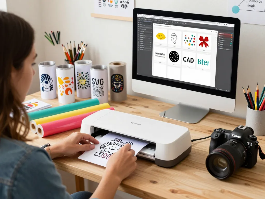 Person crafting with Cricut using svg bundle files, colorful vinyl, and tumblers showing designs in a creative workspace.
