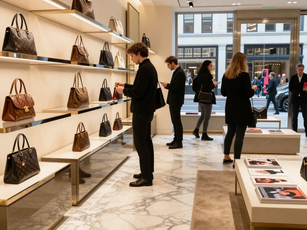 Shopping for luxury 레플리카 handbags in an elegant urban boutique