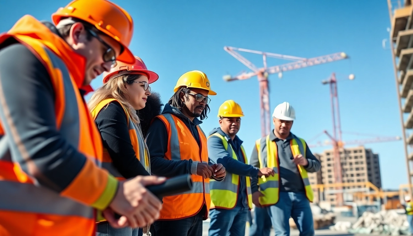 Engaging scene of construction workforce training highlighting practical skills development at a sunny site.
