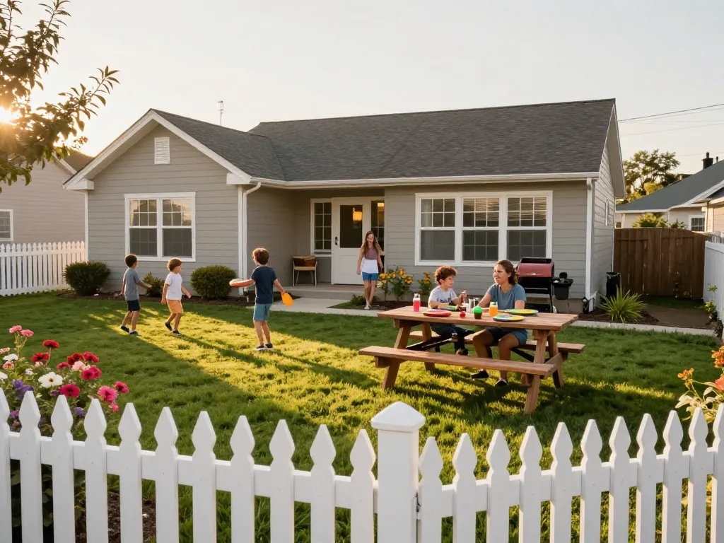Fast cash for homes process visualized with a happy family enjoying their backyard, symbolizing a quick home sale.
