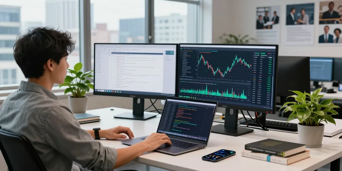 Real-time financial data API development in a modern workspace, showcasing collaborative and innovative tech environment.