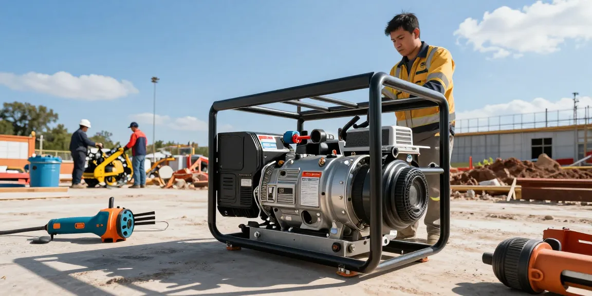 Gas generator powering construction tools on-site with technician in safety gear.
