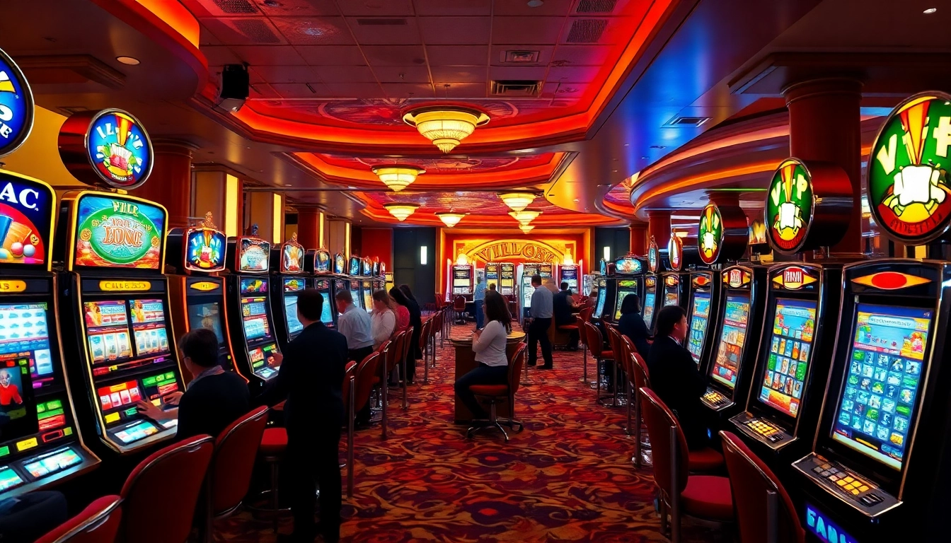 Erleben Sie den neuen casino bonus ohne einzahlung in einem lebhaftem Casino mit Spielern und Spielautomaten.