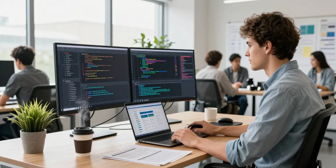 Developer in a modern office showcasing 纸飞机下载 on dual monitors, emphasizing a dynamic workspace.