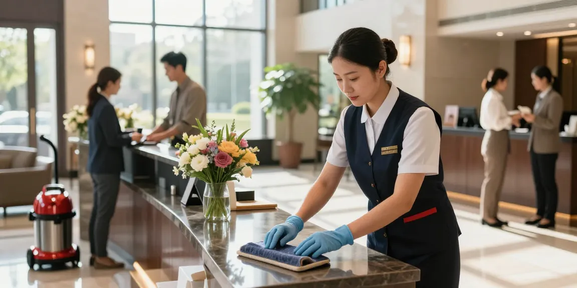 Professionelle Hotelreinigung Firma Dortmund reinigt die Empfangshalle mit Sauberkeit und Effizienz.