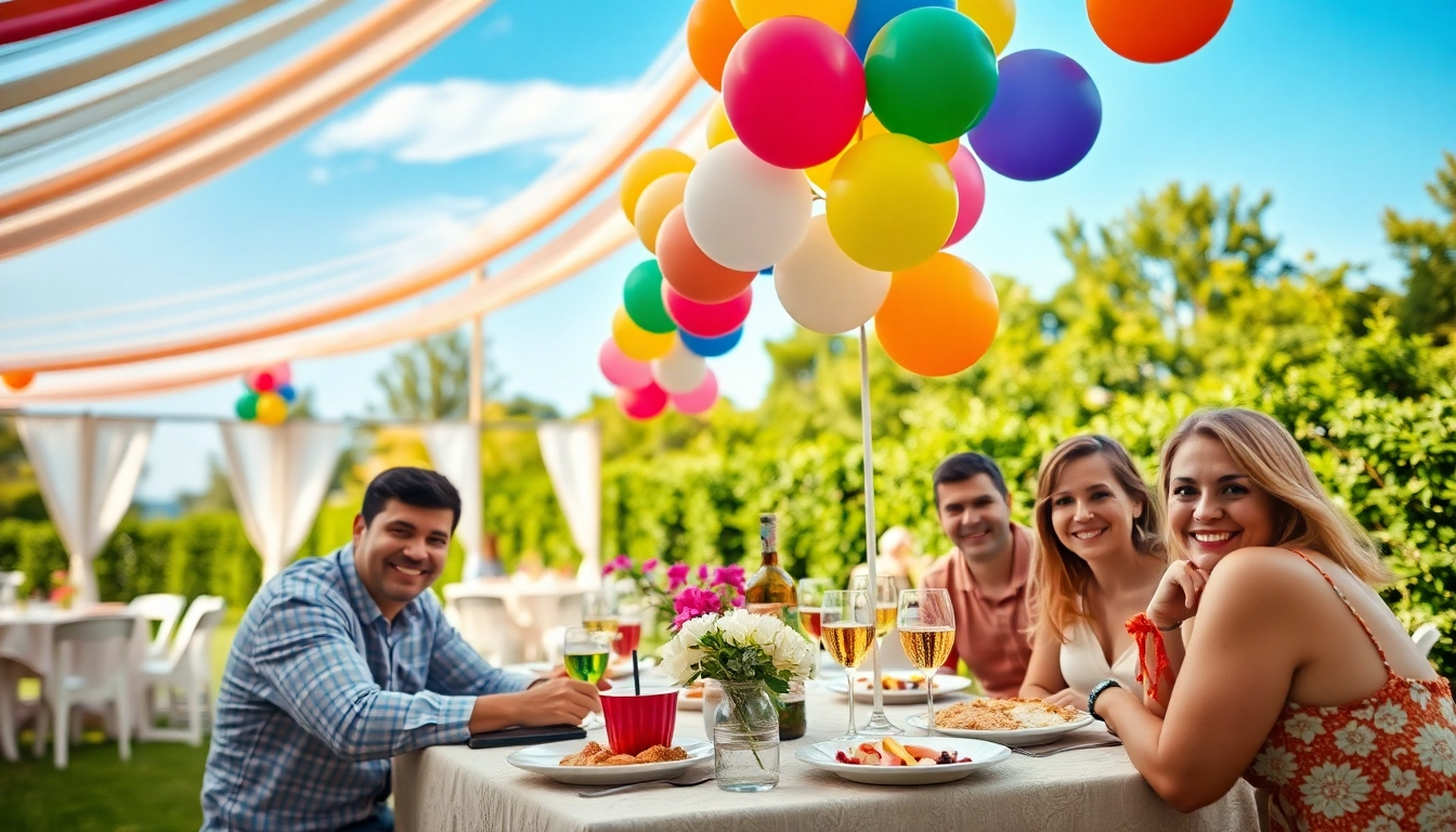 Enjoy a lively outdoor gathering showcasing Party Rentals with colorful decorations and happy attendees.