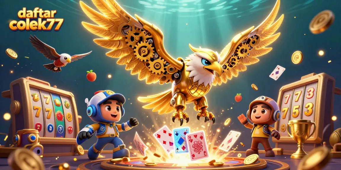 Win big today at daftar colek77 with a colorful slot game illustration featuring golden symbols and dynamic action.