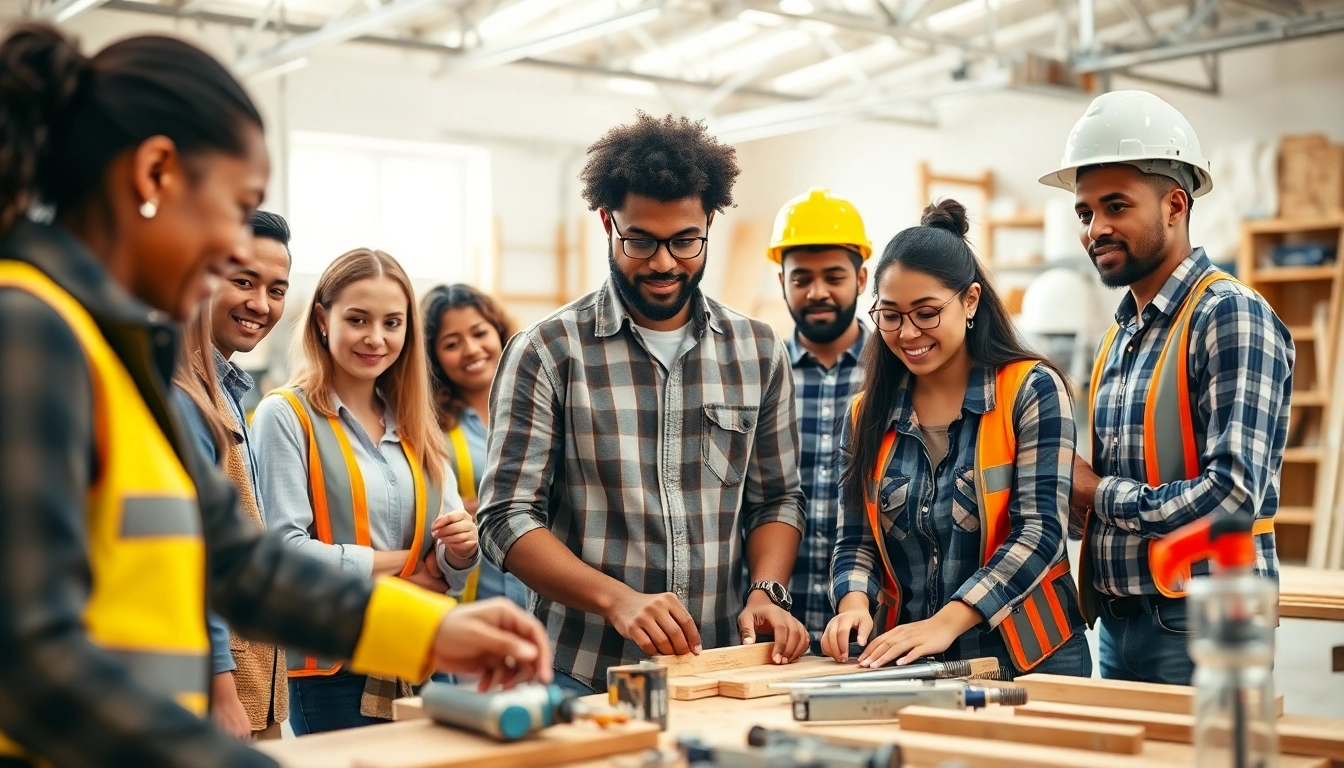 Participants collaborating during construction classes in a dynamic workshop environment.