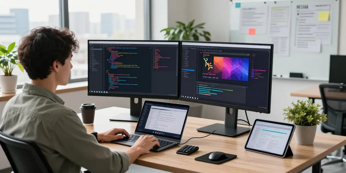 Showcasing a tech workspace at 纸飞机中文版官网, with a developer coding on dual monitors in a modern office.