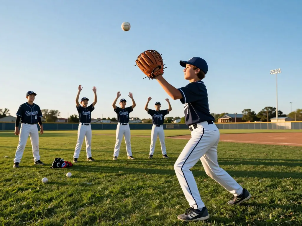 Catching baseball gloves during youth baseball practice with teammates cheering in the background.