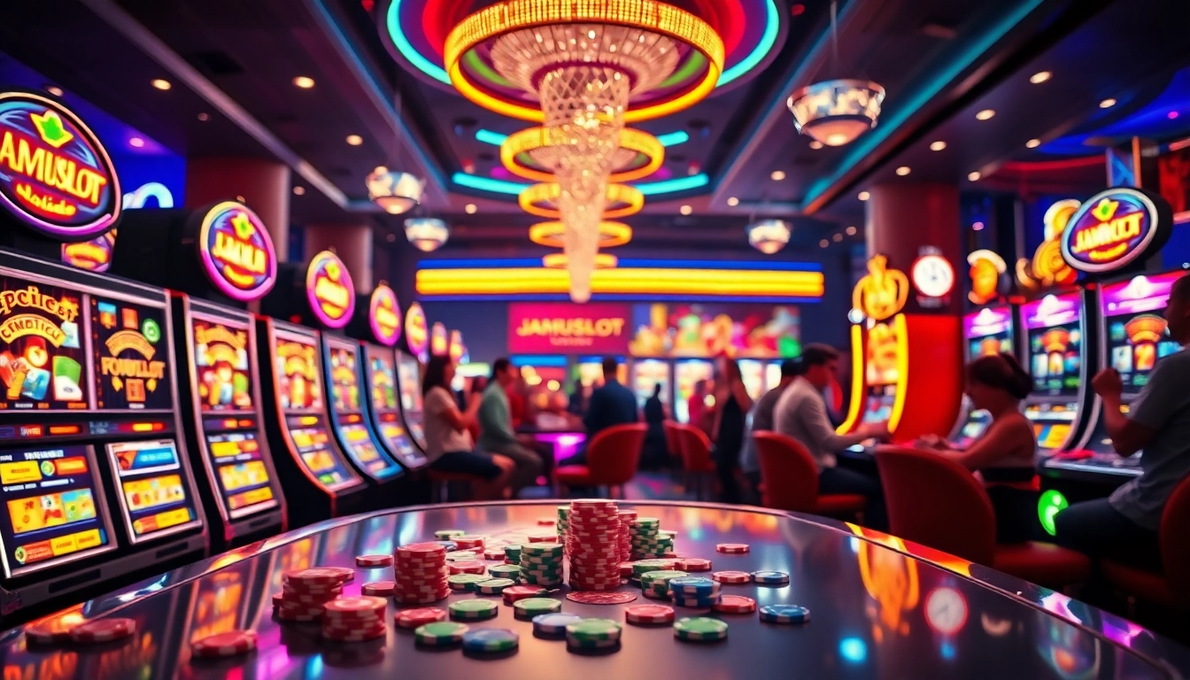 Engaging players enjoying JAMUSloT slot machines with vibrant visuals in a modern casino.