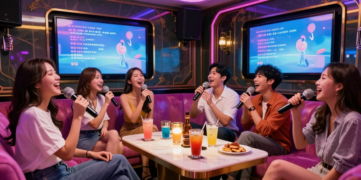 Group enjoying a night at 강남 가라오케 with friends in a private luxury room.