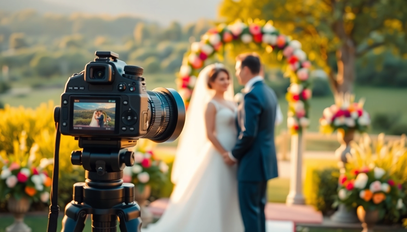 Wedding photographer capturing an intimate outdoor ceremony with vibrant scenery.