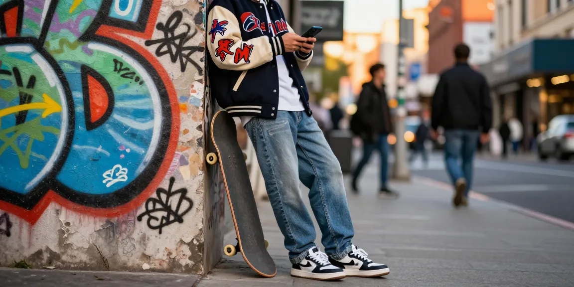 Individual browsing a smartphone in trendy streetwear, showcasing high-end 레플리카 사이트 fashion amid urban scenery.