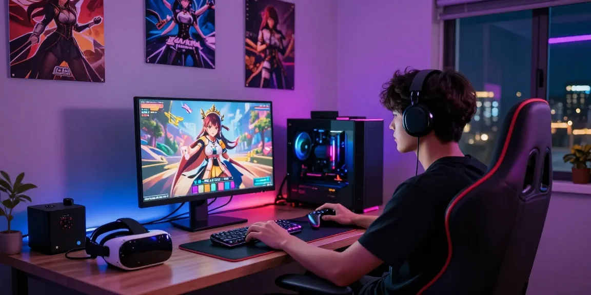 Immersive night scene of gamer playing a hentai game with vibrant RGB lights.