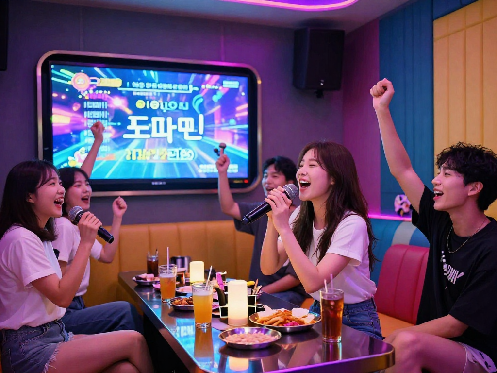 강남 도파민에서 친구들과 노래를 부르는 활기찬 분위기의 가라오케 장면