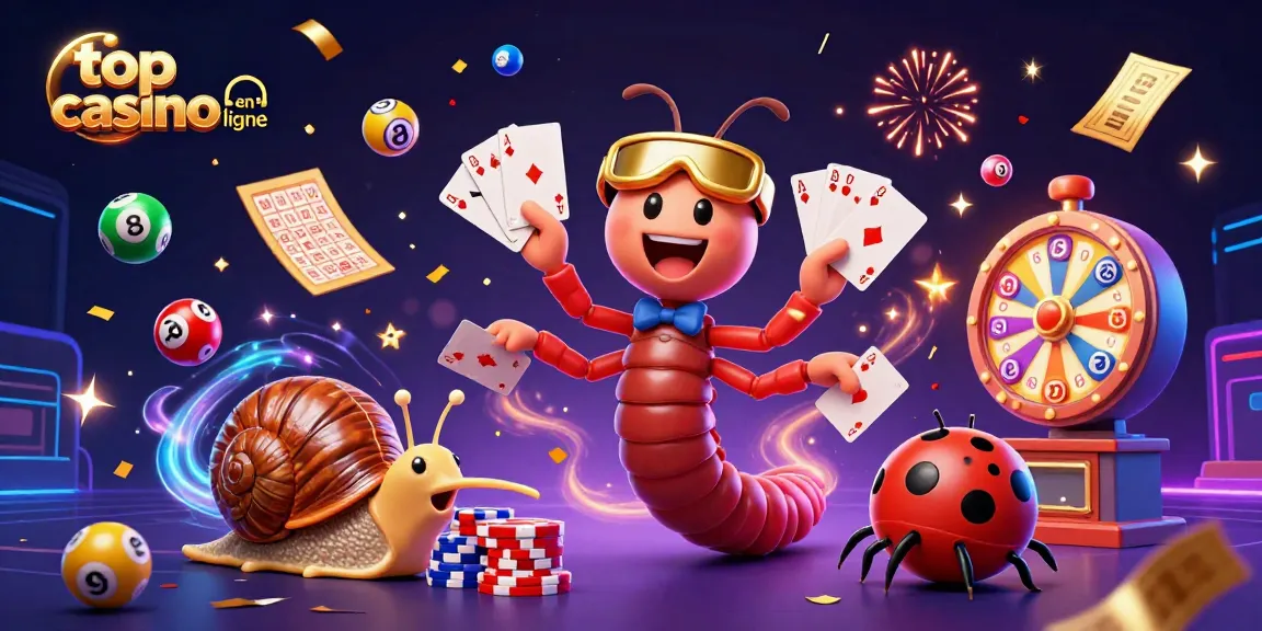 Top casino en ligne : illustration animée d'un croupier millipède avec des cartes et des jeux de loterie.