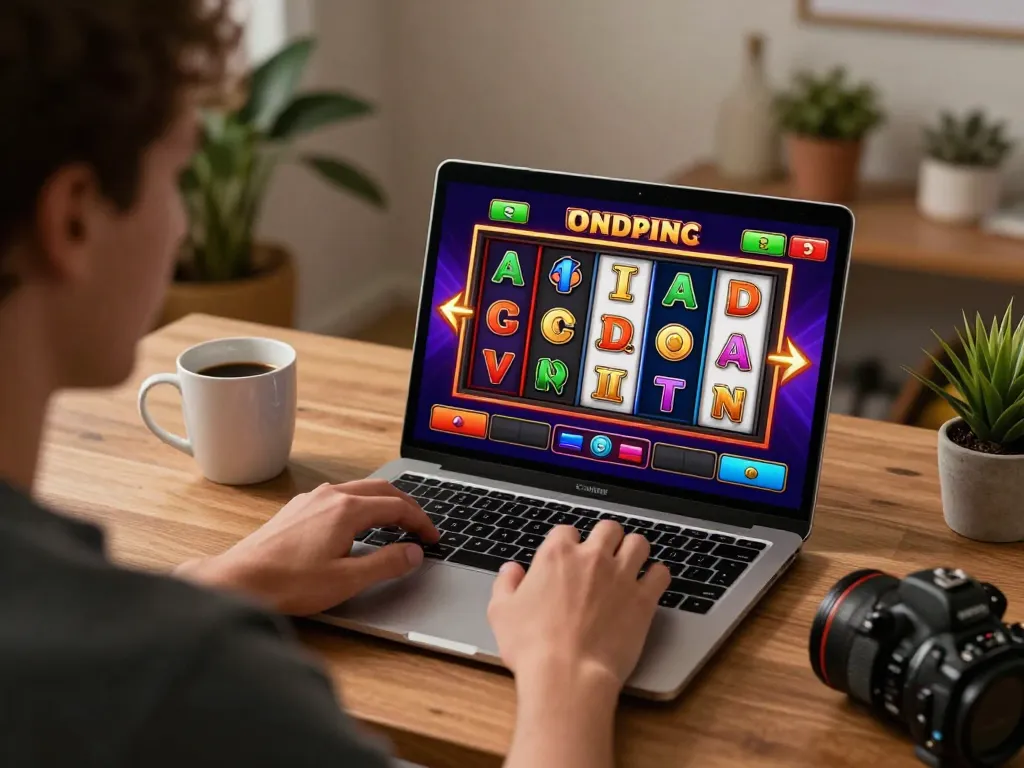 Player enjoying gajah toto games on a laptop in a cozy home office, highlighting fun and engaging online gaming.