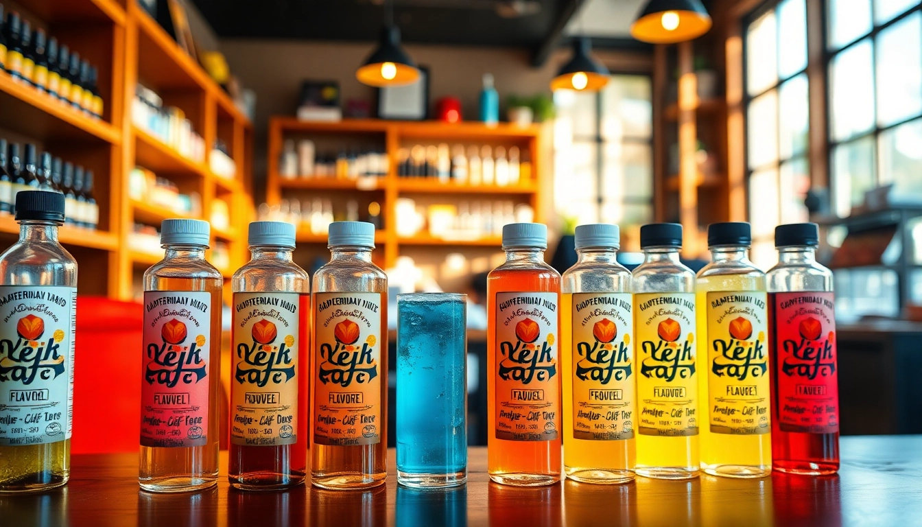Showcase of flavored e-liquids with nic salt in a cozy vape shop setting.