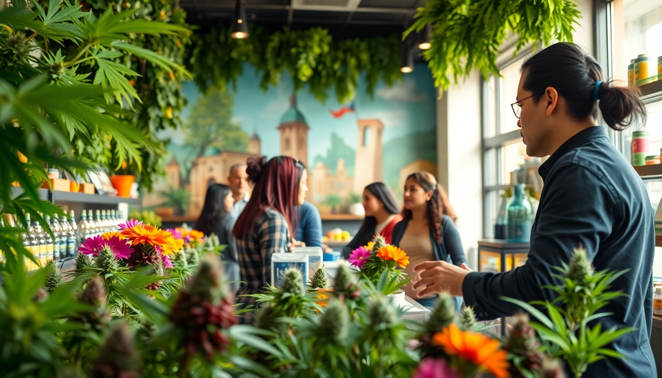 Aperçu du Club Cannabis Madrid avec un personnel amical et des fleurs colorées.