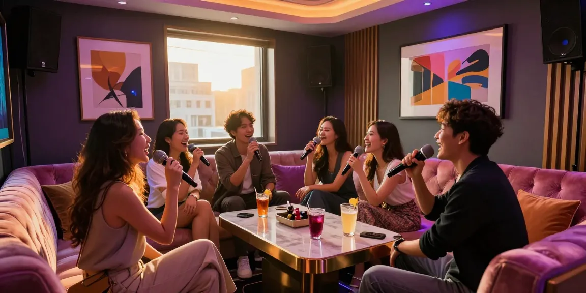 강남가라오케에서 즐거운 시간을 보내고 있는 친구들, 고급스러운 인테리어와 조명이 돋보이는 룸 내부 모습