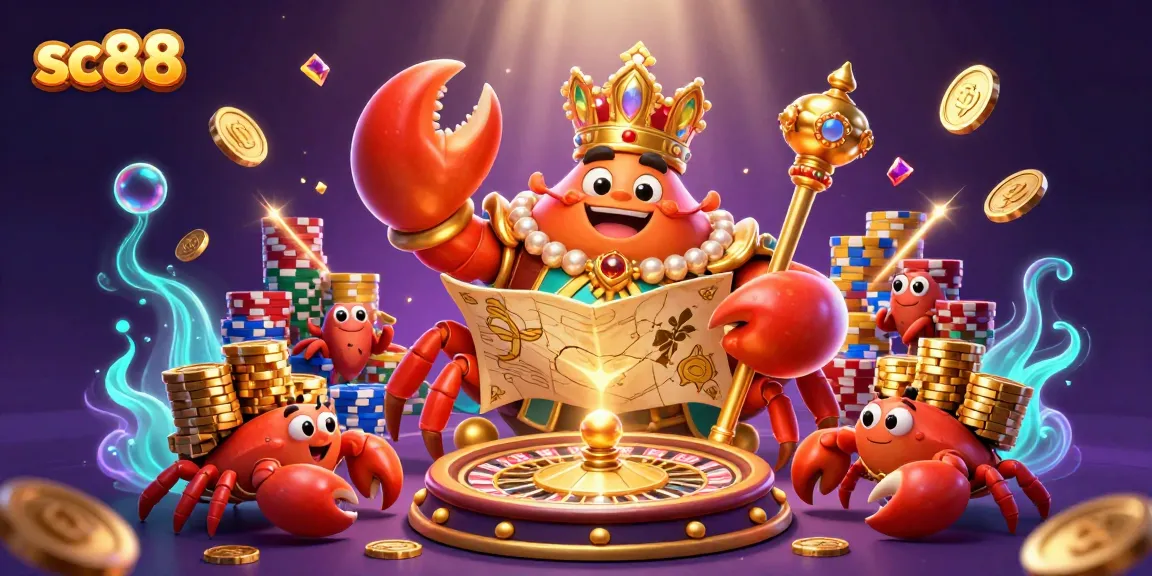 sc88 casino scene featuring a golden crab emperor with treasure elements and vibrant gaming effects.