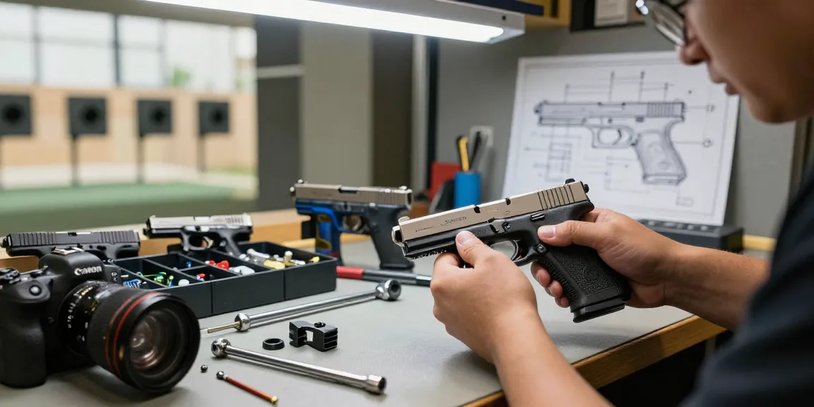 Expert gunsmith upgrading Glock slides at precisionglockslides.com in a well-lit shooting range with tools and models.