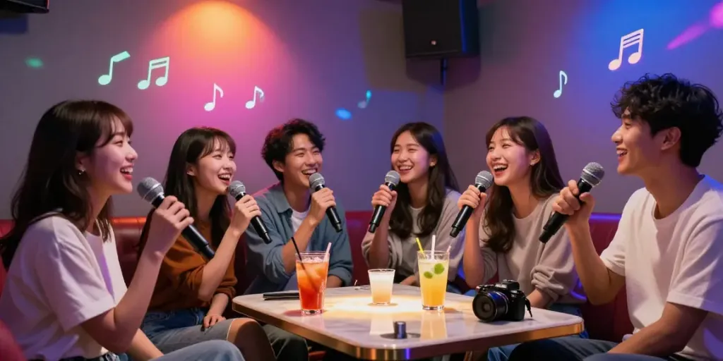 강남 도파민에서 즐거운 시간을 보내는 친구들, 화려한 조명과 함께하는 가라오케 룸