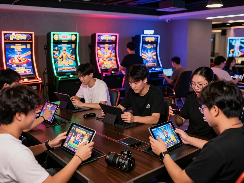 Exciting gaming experience at go88 with players enjoying diverse online casino games in a vibrant lounge.